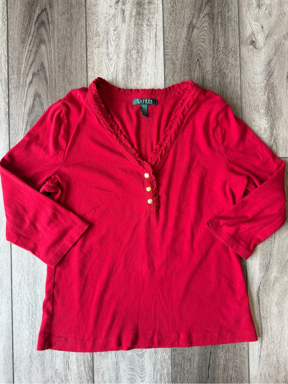 Ralph Lauren- Classic Vintage Red V-Neck Button Ruffle 100% Cotton Top